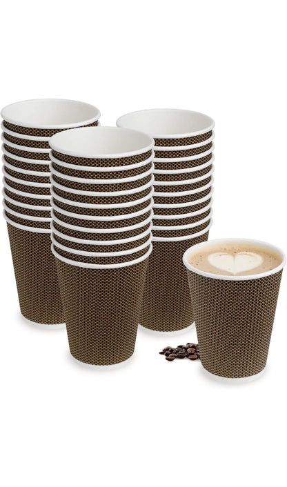 12oz Triple Wall Disposable Ripple Paper Coffee Cups (100 Pack) - Brown