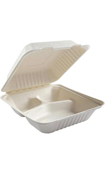 9 x 9” Bagasse Clamshells Three Compartment Section Meal Box Containers