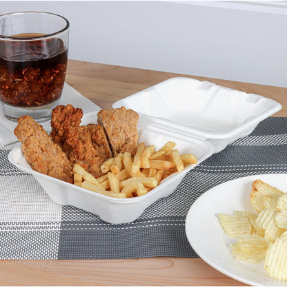 6” Bagasse Clamshell Takeaway Food Box Containers - 6 x 6 inch Burger Box