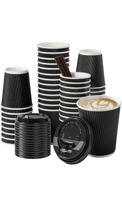 8oz Black Ripple Coffee Cups with Lids (300 Pack)