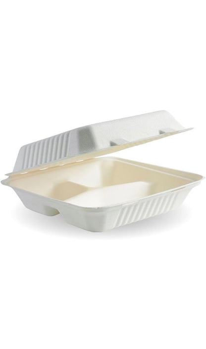9 x 9” Bagasse Clamshells Three Compartment Section Meal Box Containers