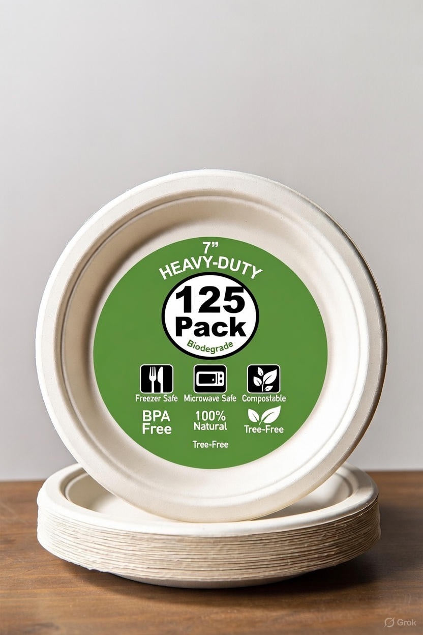 Disposable Sugarcane Bagasse Paper Plates, 7 inch (18 cm)