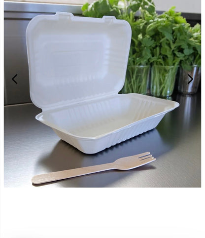9 x 6” Bagasse Clamshell Takeaway Food Box Containers Meal Box (9x6 inch / 900ml)