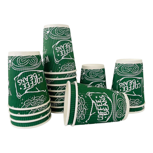 Green paper cups with 'Coffee Beans' text on a white background