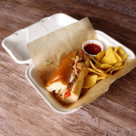 HP10 Bagasse Clamshell Takeaway Food Containers (9x6 inch / 900ml)