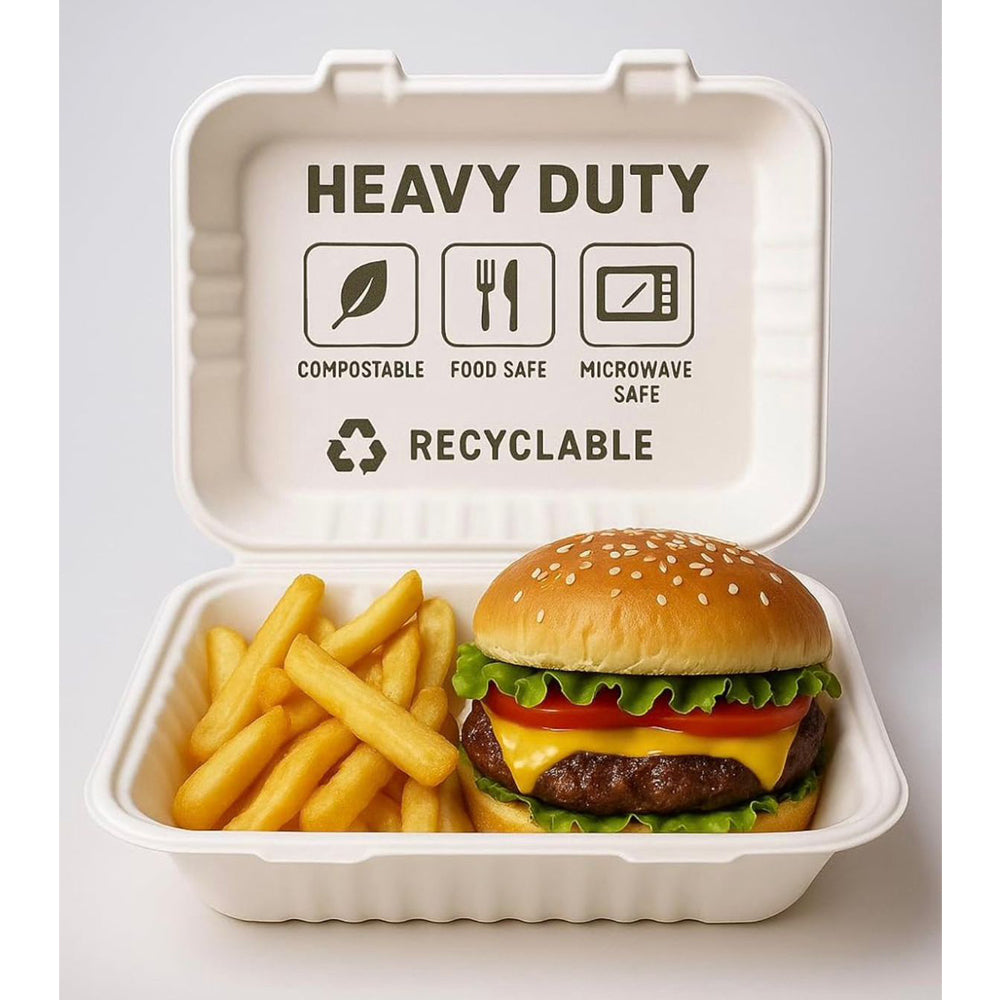 HP10 Bagasse Clamshell Takeaway Food Containers (9x6 inch / 900ml)