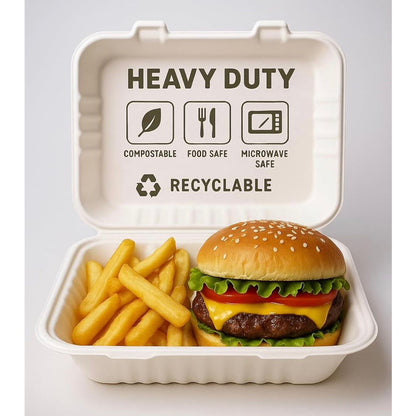 HP10 Bagasse Clamshell Takeaway Food Containers (9x6 inch / 900ml)