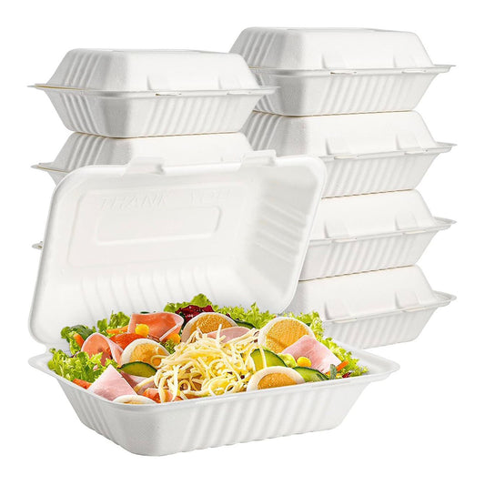 HP10 Bagasse Clamshell Takeaway Food Containers (9x6 inch / 900ml)