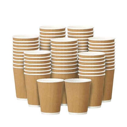 Stacks of brown paper cups on a white background